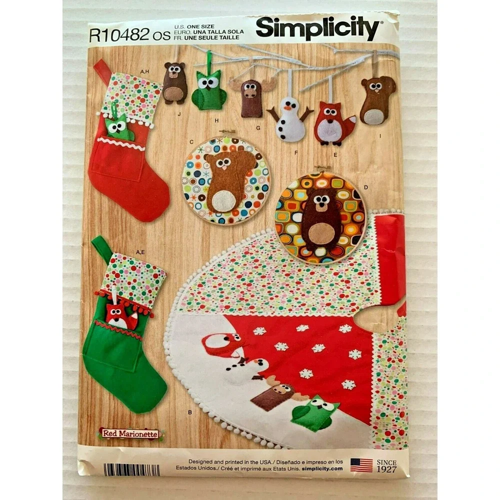 Simplicity Christmas Pattern UNCUT Tree Skirt Stockings Owl Fox Moose Squirrel